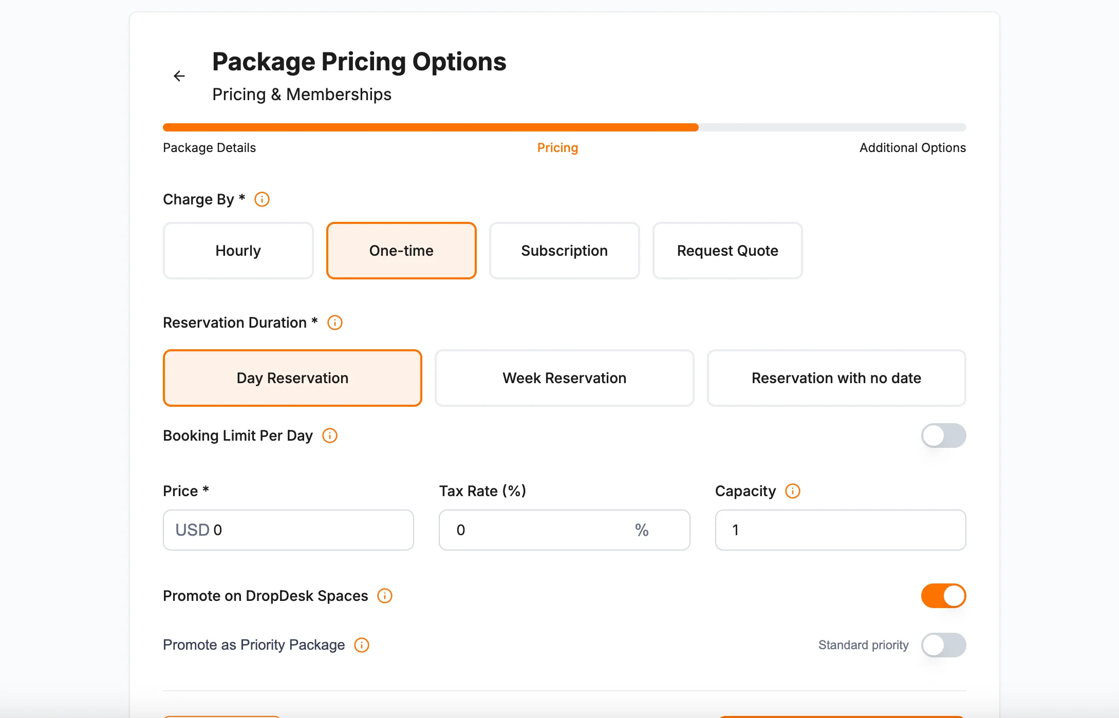 Package Pricing Options showing One-time charge type with Reservation Duration options including Day, Week, or no date