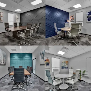 iWorkspaces four-panel collage showing different meeting rooms with modern furnishings and accent walls
