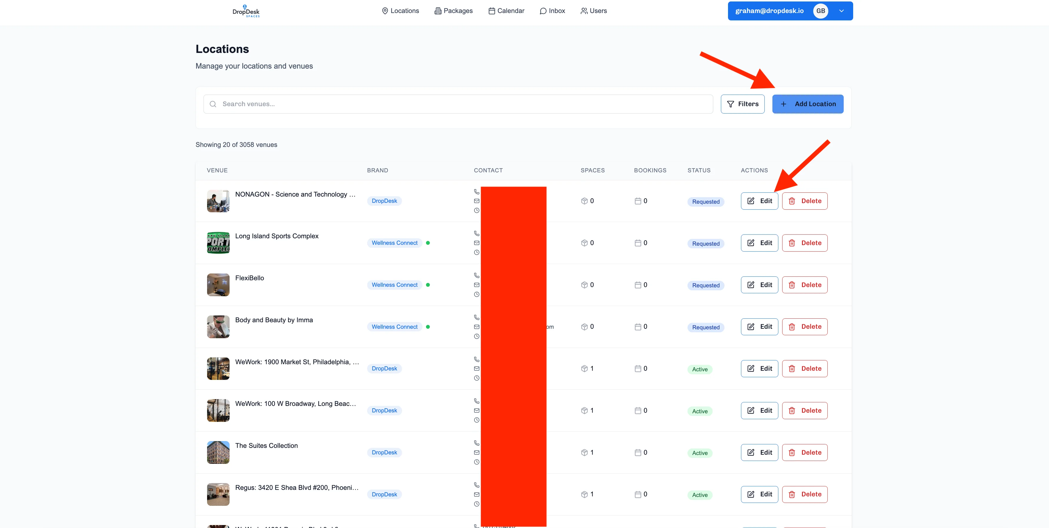 Locations management page showing venue list with Add Location and Edit buttons