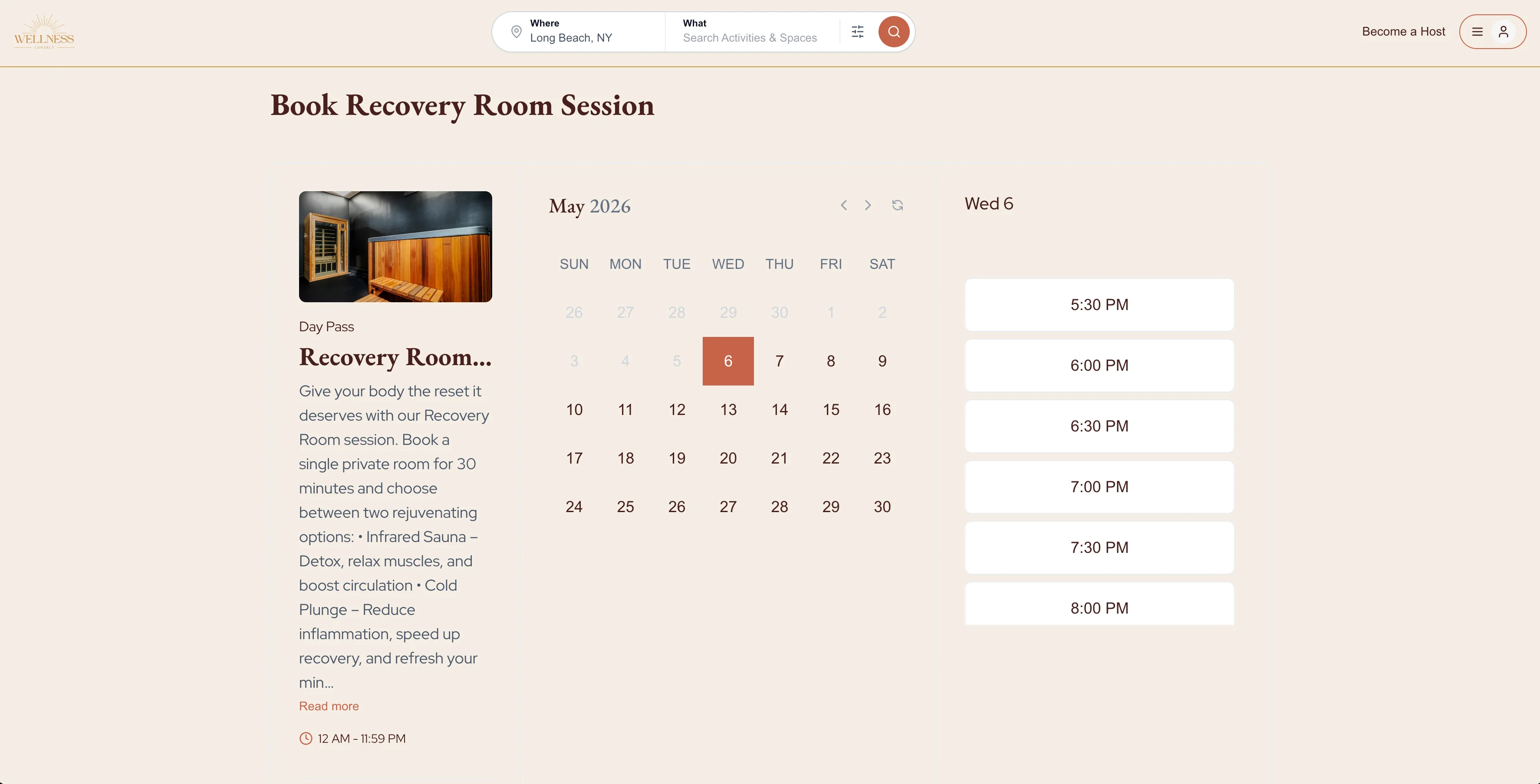 Booking flow with calendar and time slot selection