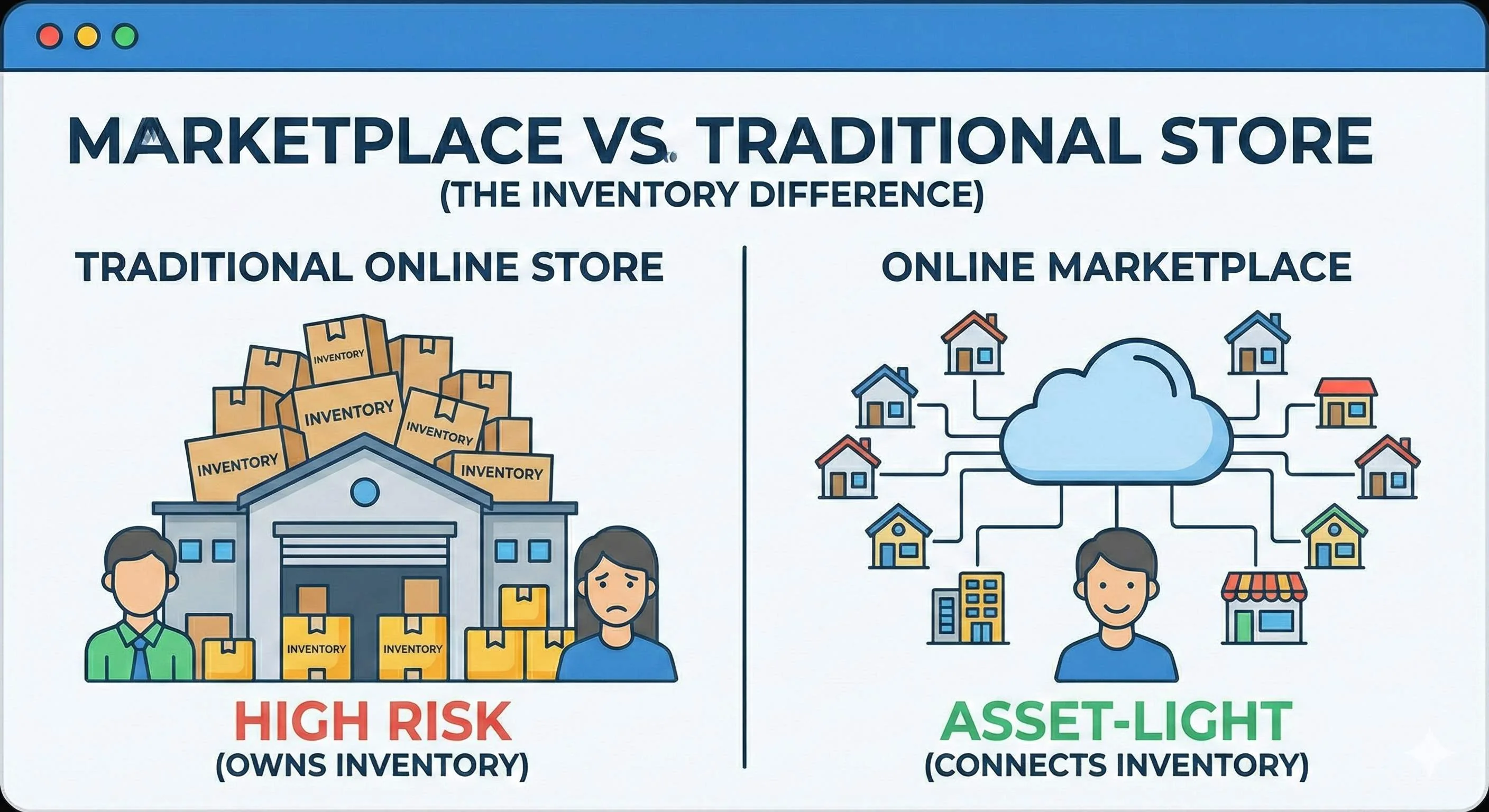 Marketplace vs traditional store - comparing inventory ownership with the asset-light marketplace model that connects supply and demand